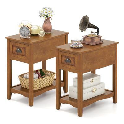 Set of 2 Contemporary Side End Table Compact Table w/ Drawer Nightstand Tawny