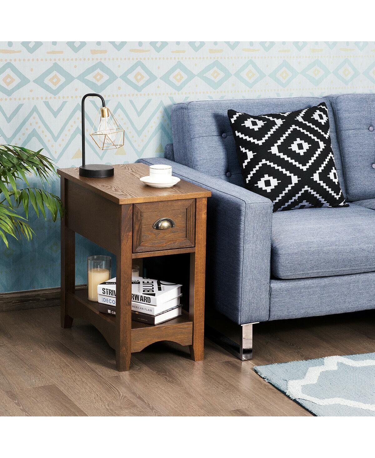 Gymax Set of 2 Contemporary Side End Table Compact Table w/ Drawer Nightstand Tawny
