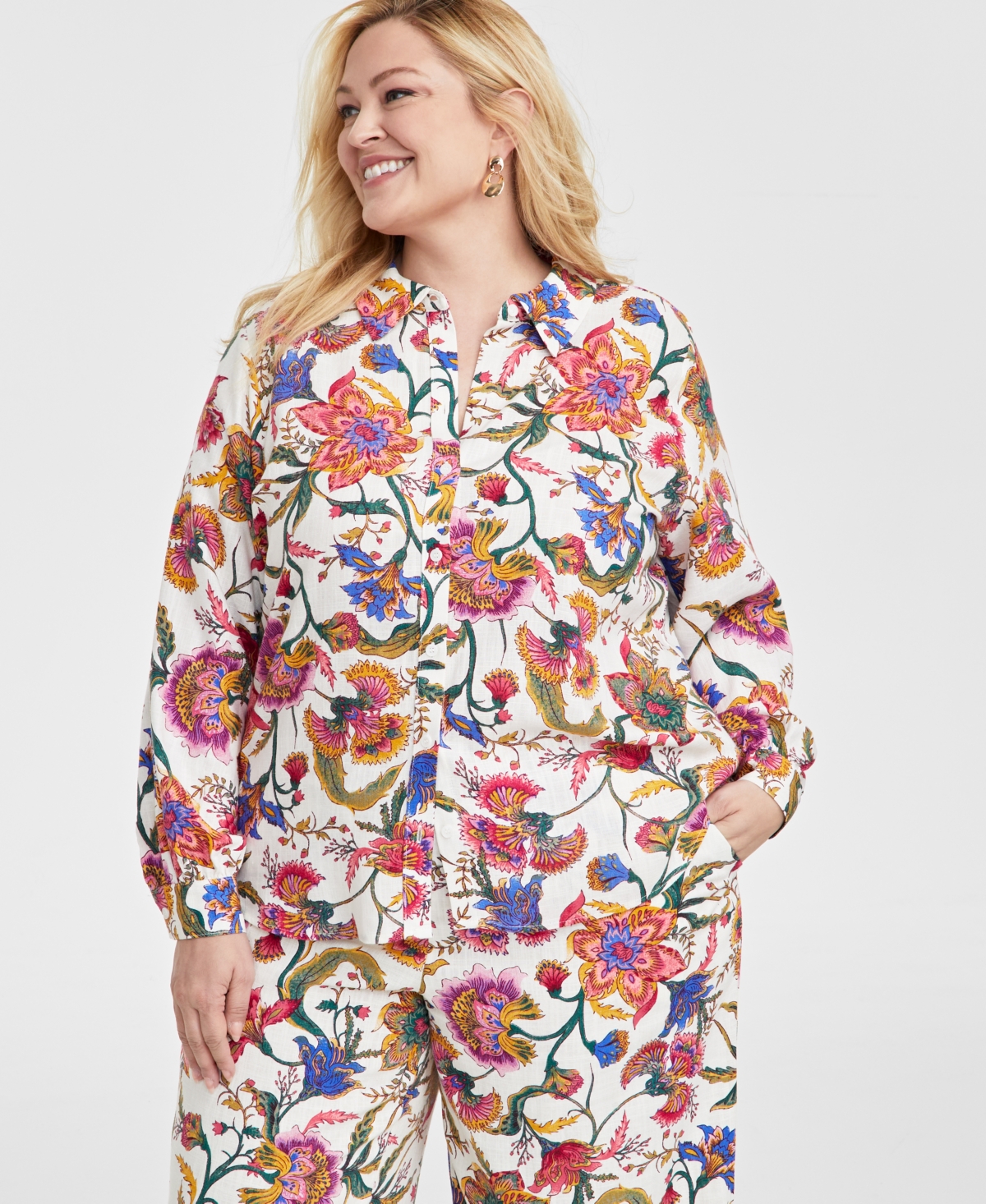 JM COLLECTION PLUS SIZE PRINTED BUTTON-FRONT SHIRT, EXCLUSIVELY AT MACY'S 