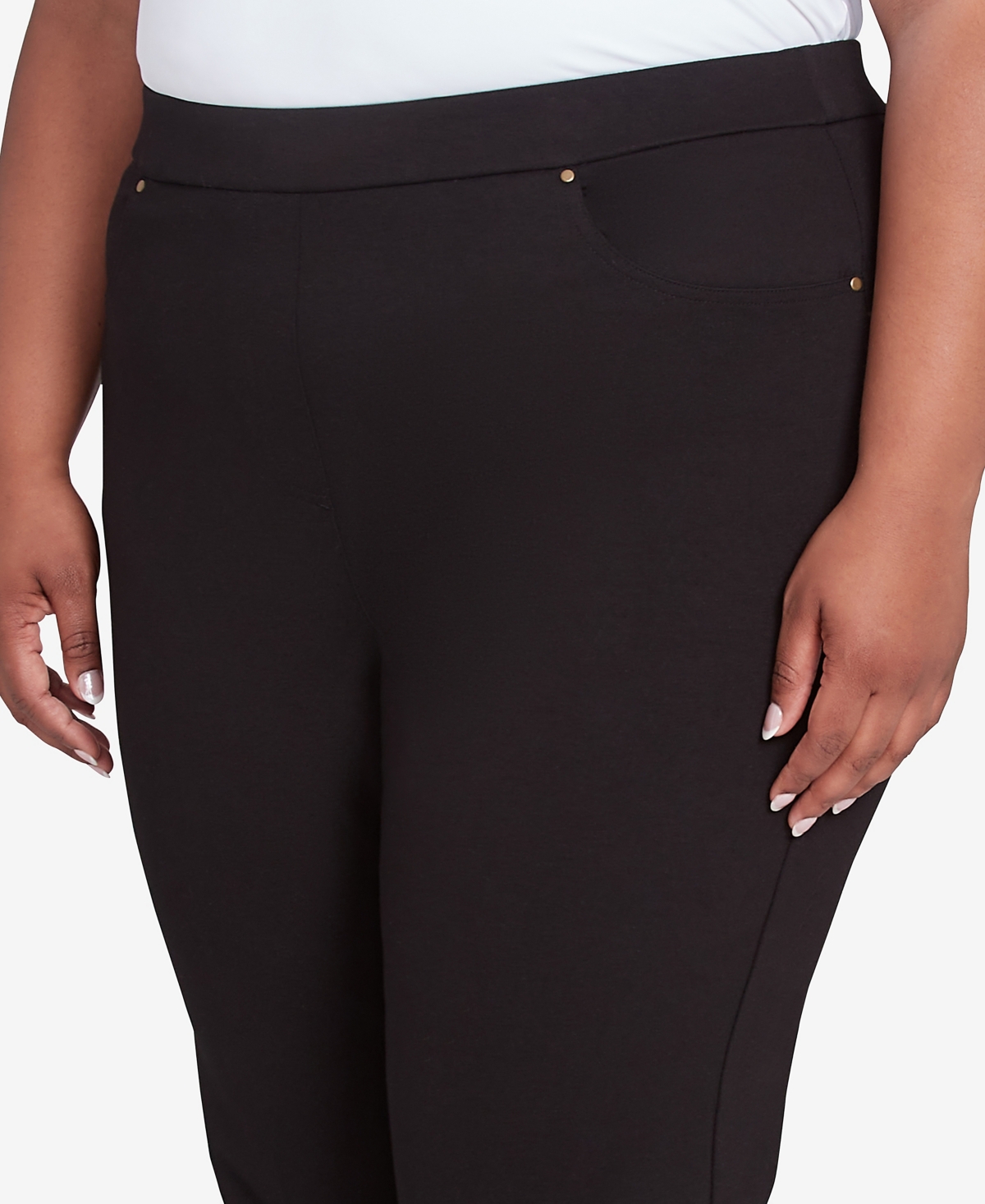 Alfred Dunner Plus Size Rue Rivoli Embroidered Leaf Flat Elastic Waist Average Length Ponte Pants