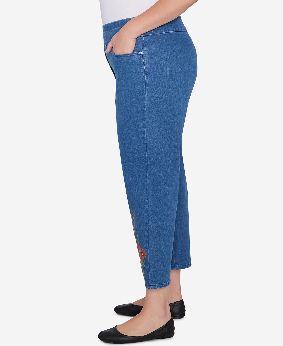 Alfred Dunner Plus Size Harvest Moon Floral Embroidered Denim Ankle Pants