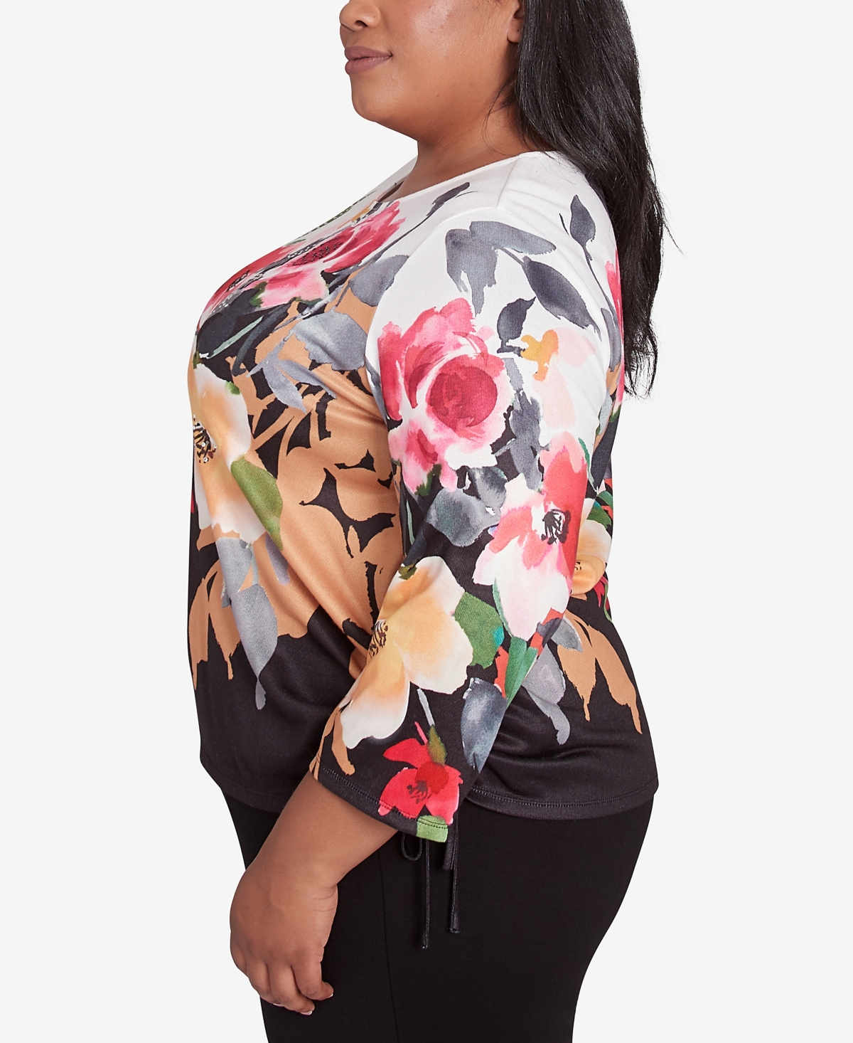 Alfred Dunner Plus Size Runway Ready Floral Crew Neck Top With Drawstring Hem In Multi Black