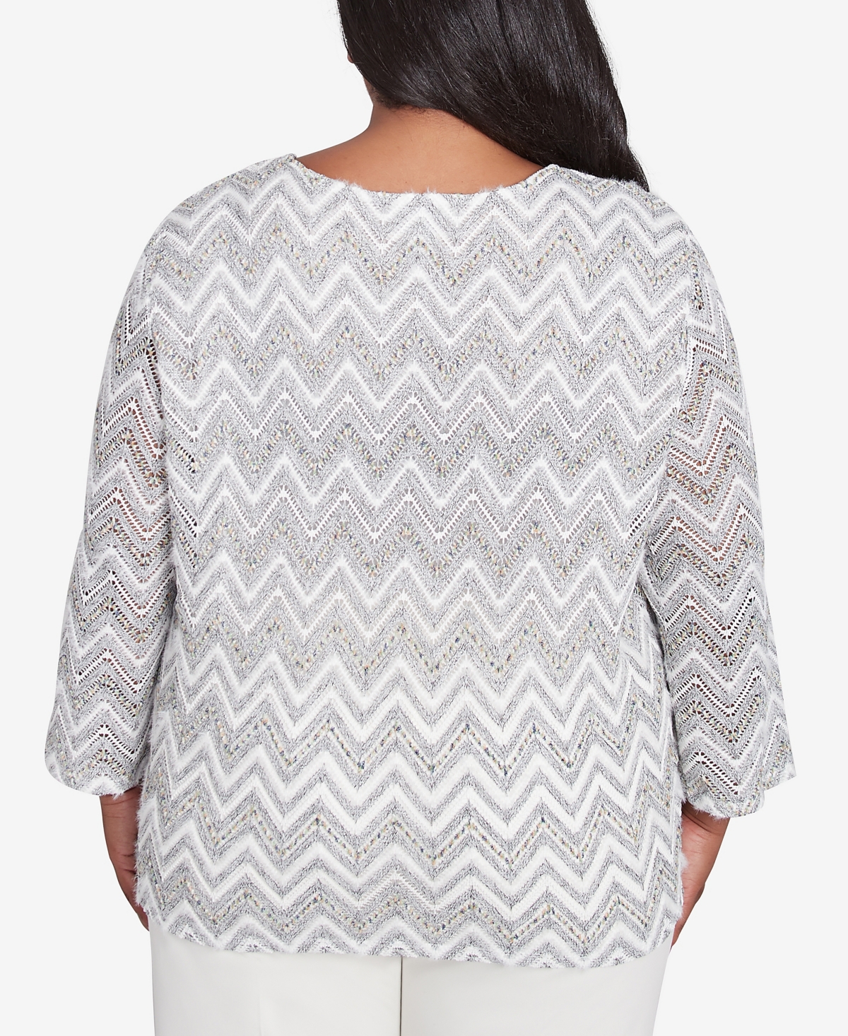 Alfred Dunner Plus Size Copenhagen Spliced Crew Neck Wavy Stripe Top In Grey Multi