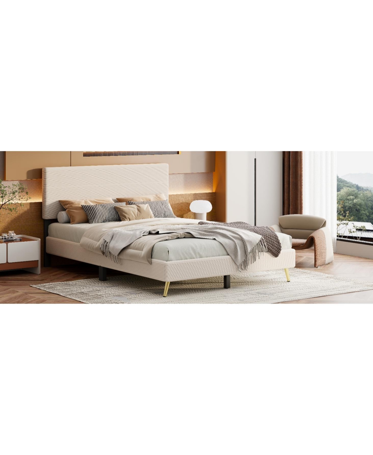 Slickblue Queen Size Corduroy Upholstered Bed Frame for Stylish Bedroom Elegance