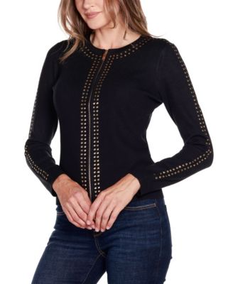 Women's Black Label Crewneck Embellished Zip Cardigan Sweater