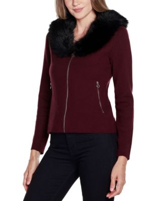 Women's Black Label Faux Fur Collar Short Zip Cardigan Sweater