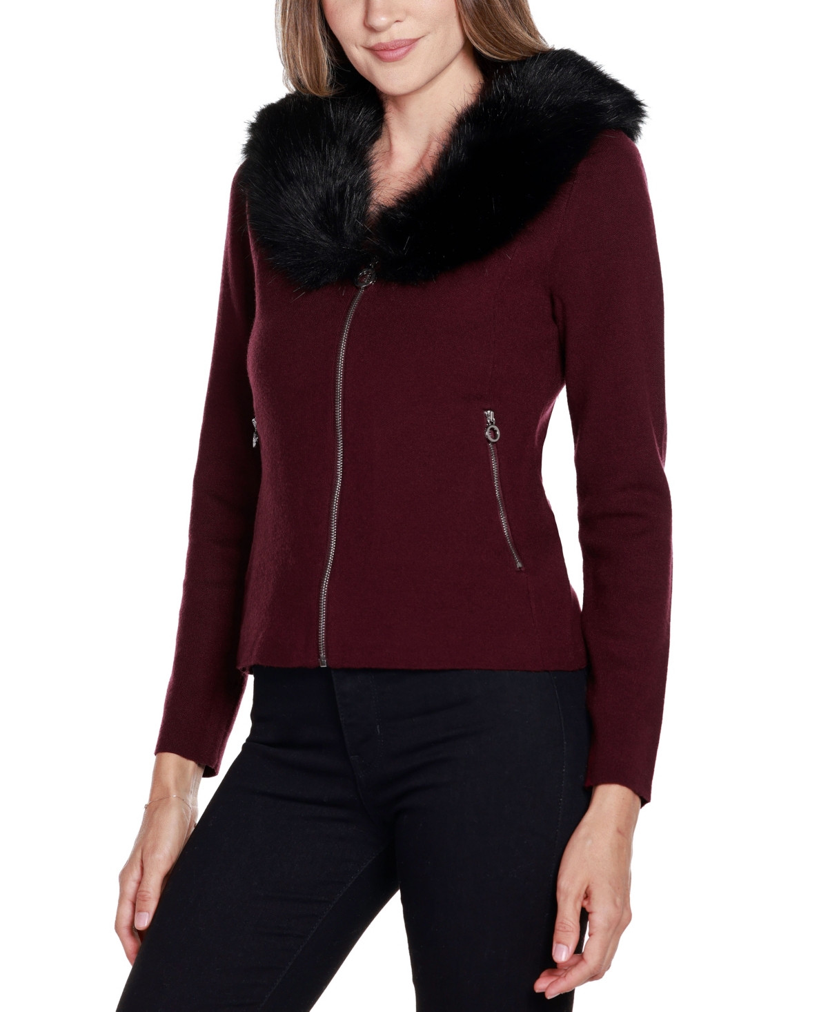 Belldini Women's Black Label Faux Fur Collar Short Zip Cardigan Sweater
