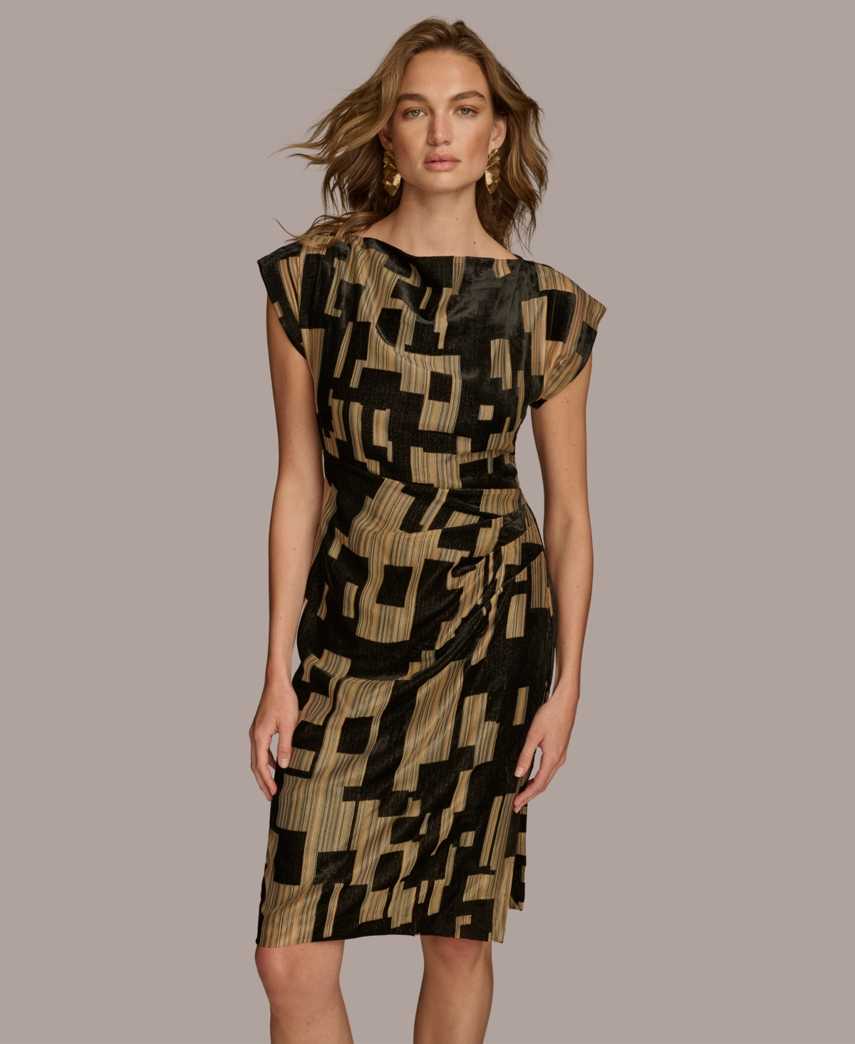 Donna Karan New York Women's Printed Velvet Extended-Shoulder Dress -Gold Multi