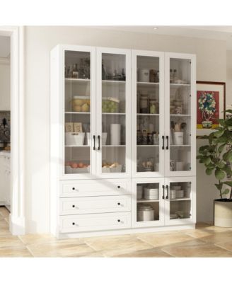 White 10-Shelf Accent Bookcase with Glass Doors, LED Lights