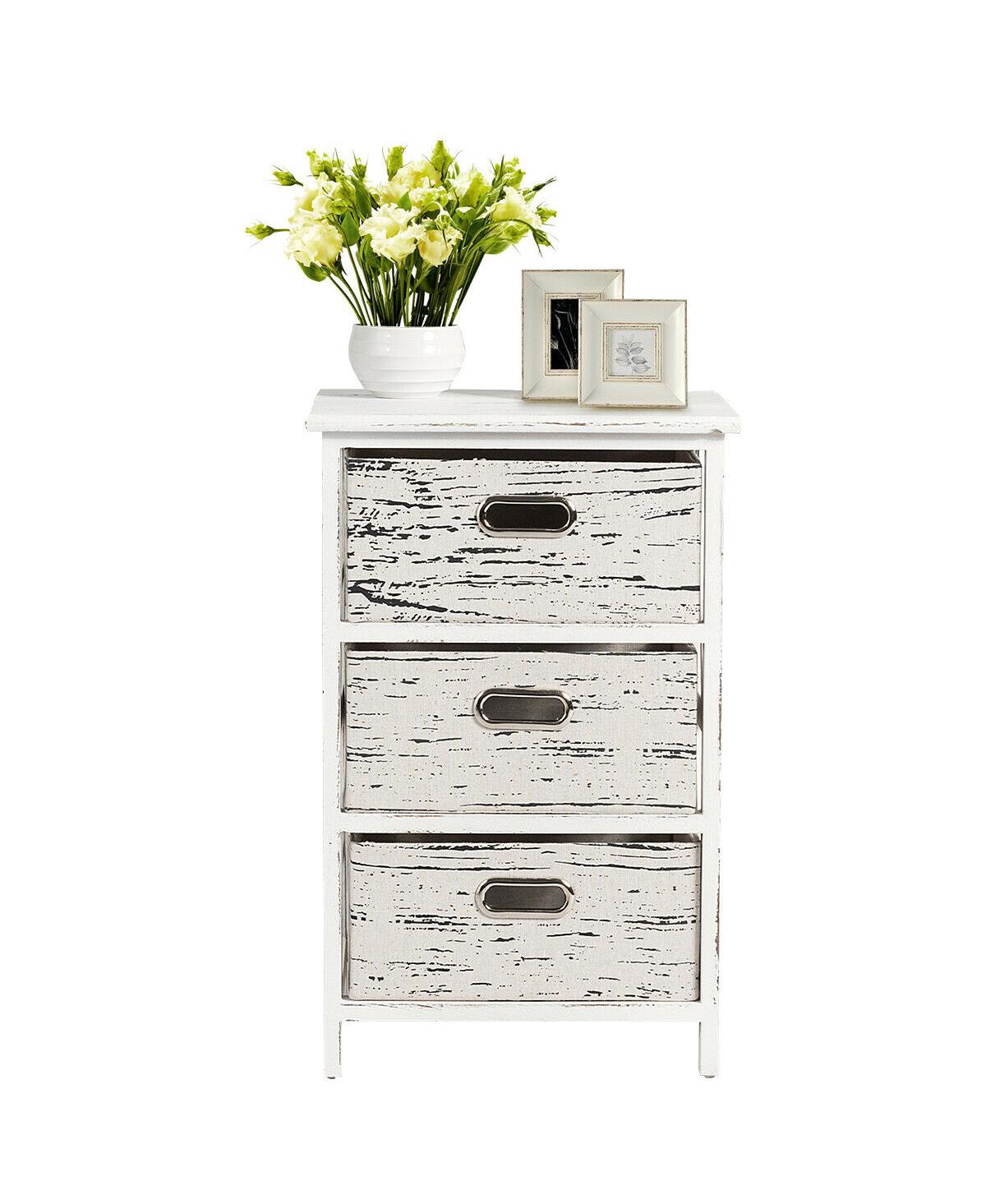 Gymax Chest w/3 Fabric Drawers Vintage Wood Frame End Table Side Sofa Table Nightstand