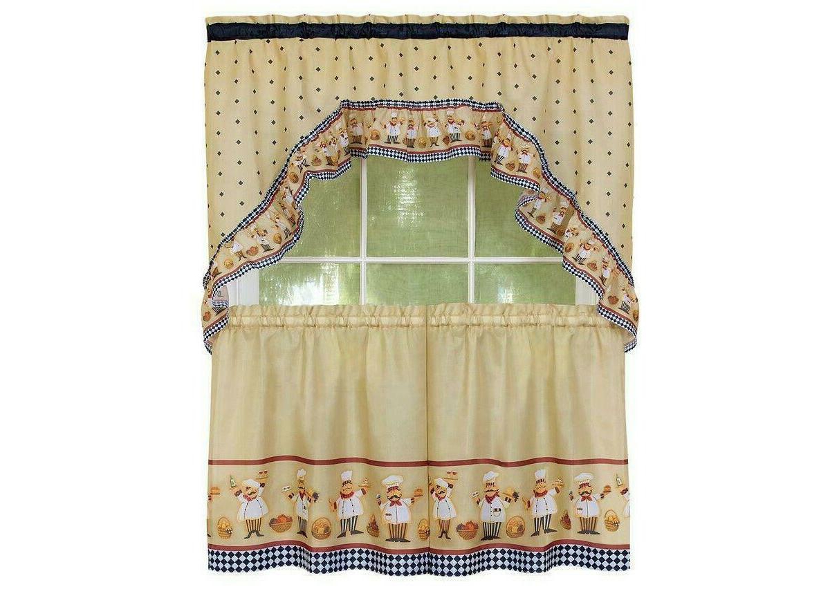 Happy Chef Rod Pocket Kitchen Curtain Tier & Swag Valance Set - 57 in. W x 24 in. L - Beige