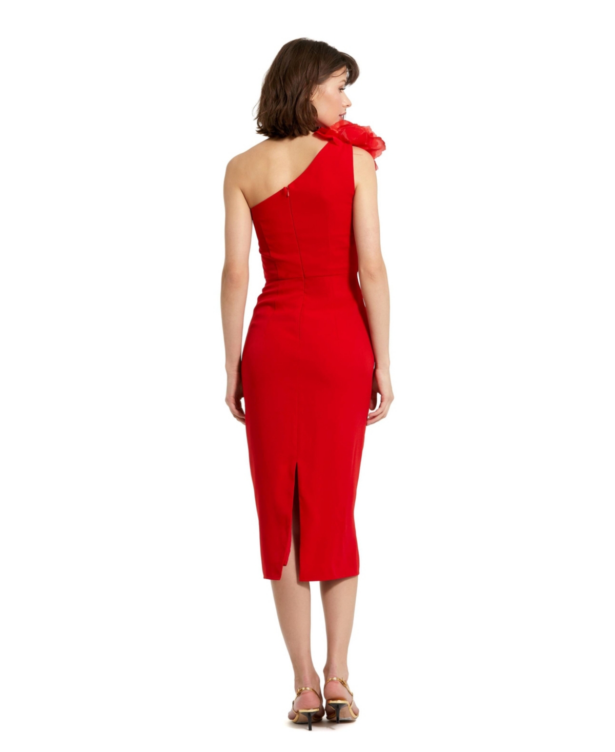Mac Duggal Women's Crepe One Shoulder Flower Detail Midi Dress