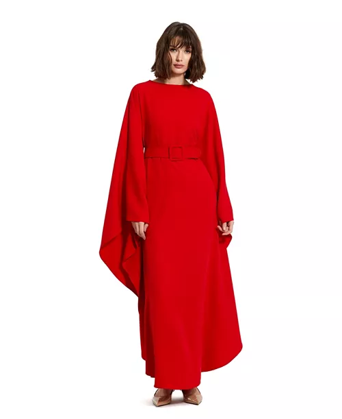 women's crepe boat neck belt detail shawl gown
