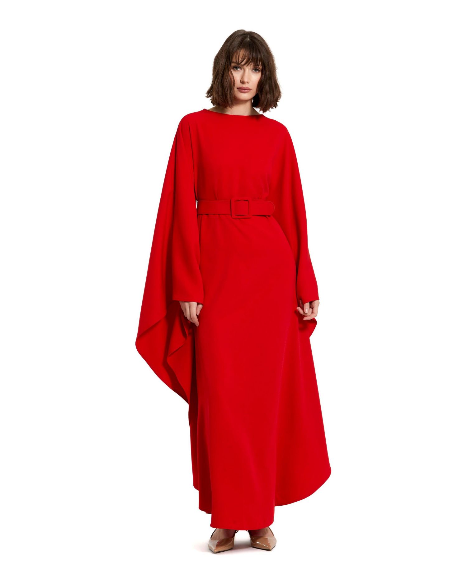 Women's Crepe Boat Neck Belt Detail Shawl Gown