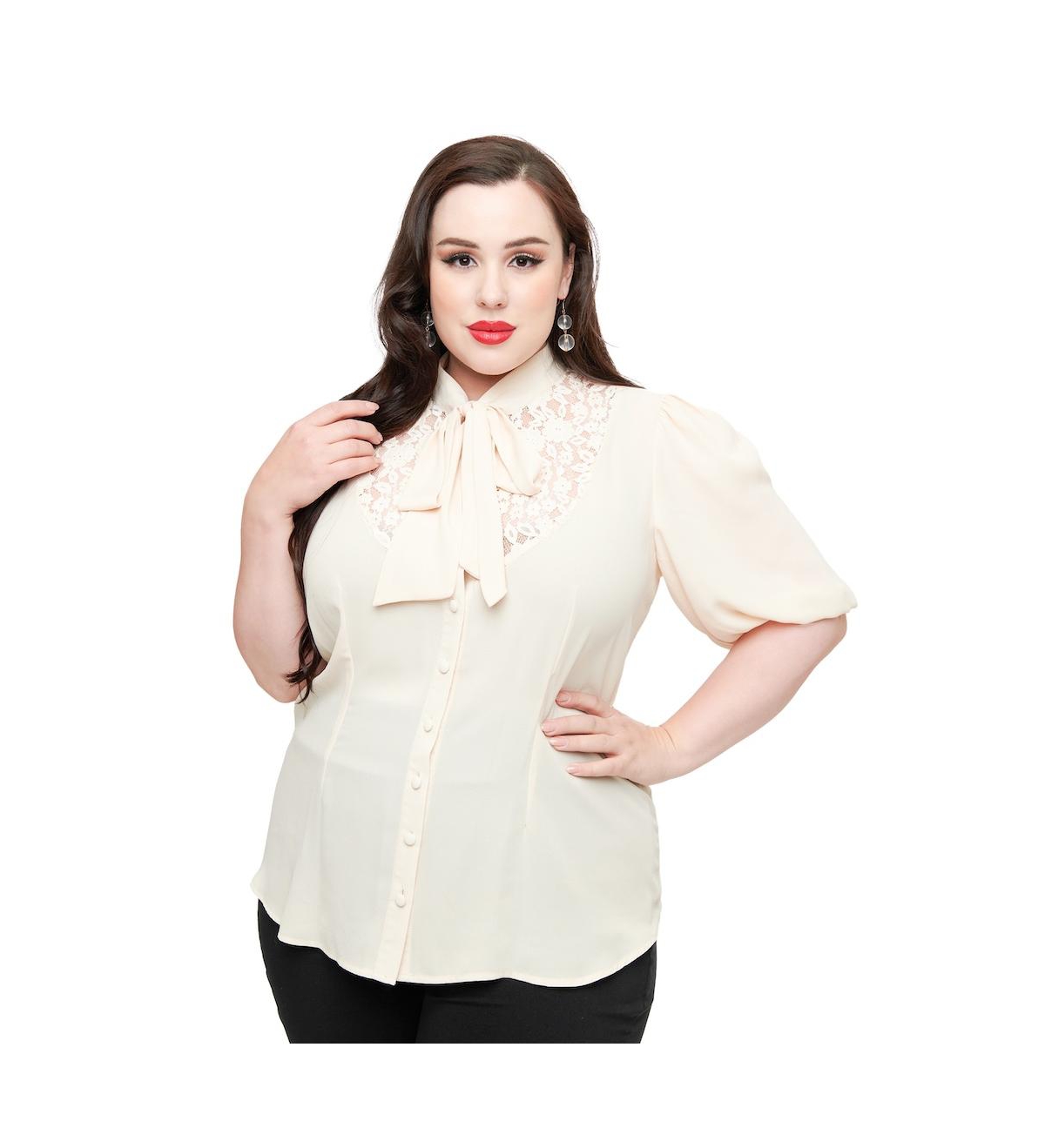 Unique Vintage Plus Size 3/4 Sleeve Tie Neck Gwen Blouse