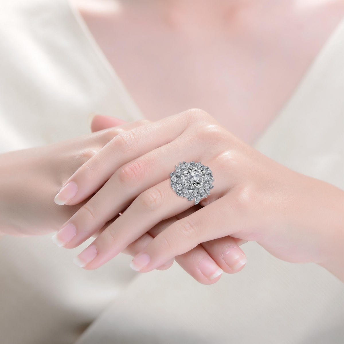 Rachel GlauberGold Plated with Clear Cubic Zirconia Oval Cocktail Snowflake Cluster Ring - White