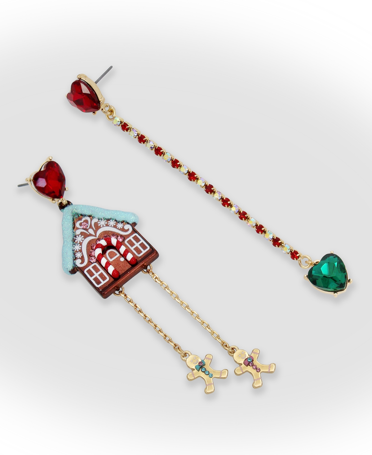 Betsey Johnson Faux Stone Jingle Bell Bling Christmas Gingerbread Mismatch Earrings -Gold