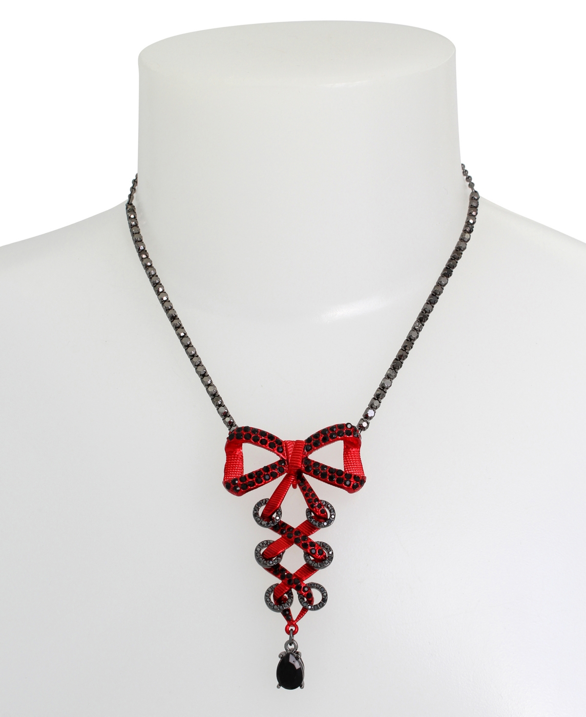 Betsey Johnson Faux Stone Fancy Bow Corset Pendant Necklace -Hematite