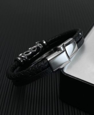 Black Skull Snake Leather Stainless Steel Bracelet