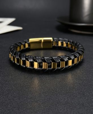 Gold Chain Wrapped Leather Stainless Steel Bracelet
