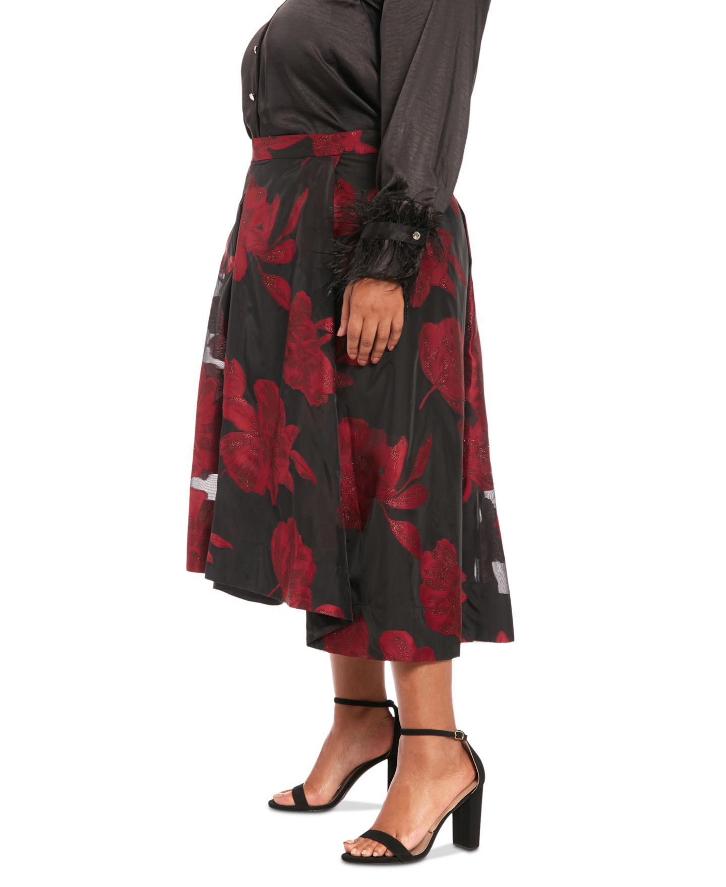 Женская юбка Muse Plus Size Pleated Floral-Print Organza, цвет: Чёрный красный — фото 3