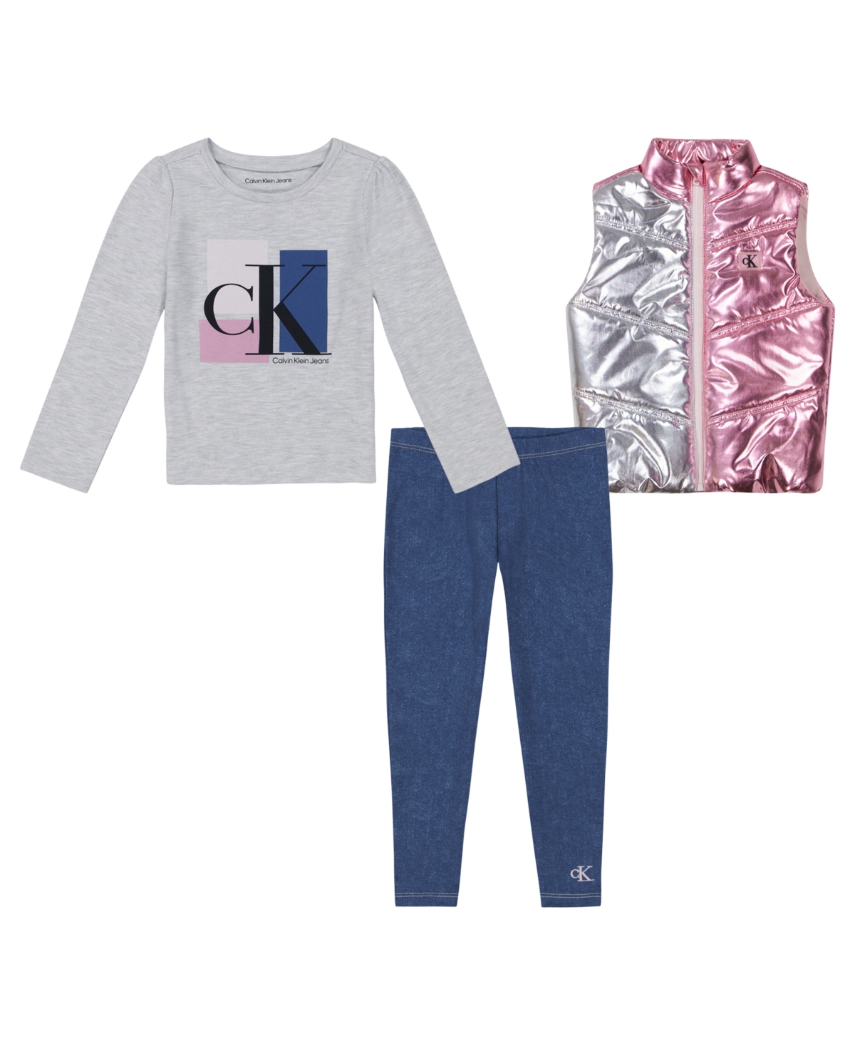 CALVIN KLEIN TODDLER AND LITTLE GIRLS METALLIC PUFFER VEST, LONG SLEEVE LOGO TEE JEGGINGS, 3-PIECE SET 
