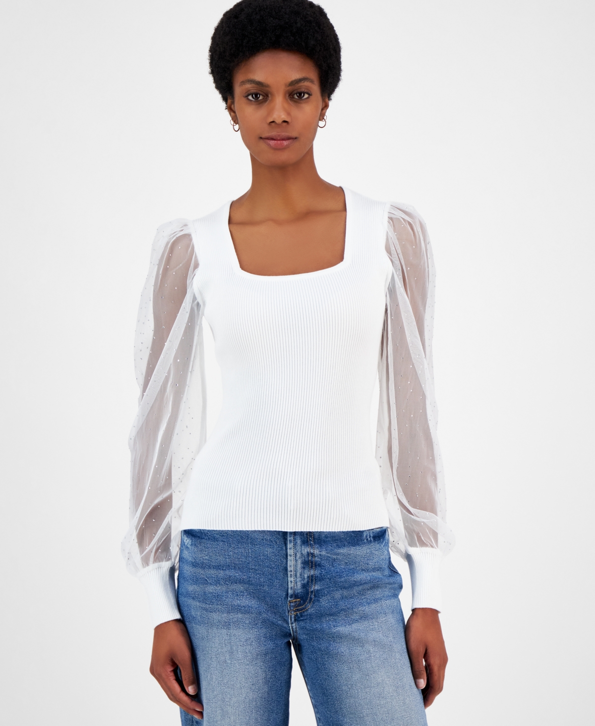 Juniors' Square-Neck Rhinestone-Sleeve Sweater - Bright White
