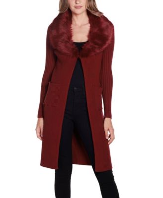 Black Label Women's Ribbed Faux-Fur Collar Duster Cardigan Sweater