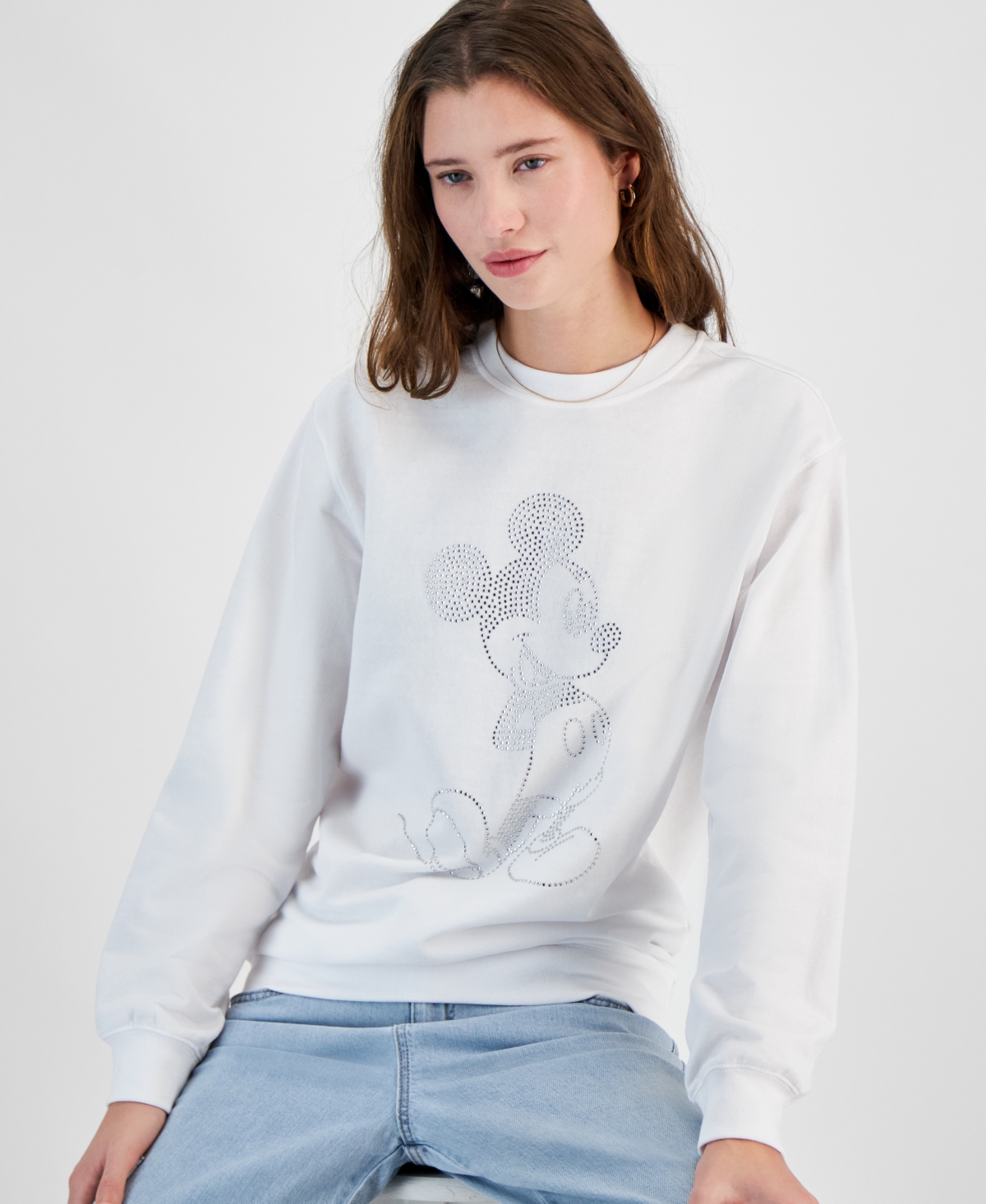 Shop Freeze 24-7 Juniors' Rhinestone Mickey Mouse Crewneck Sweatshirt In Bright White