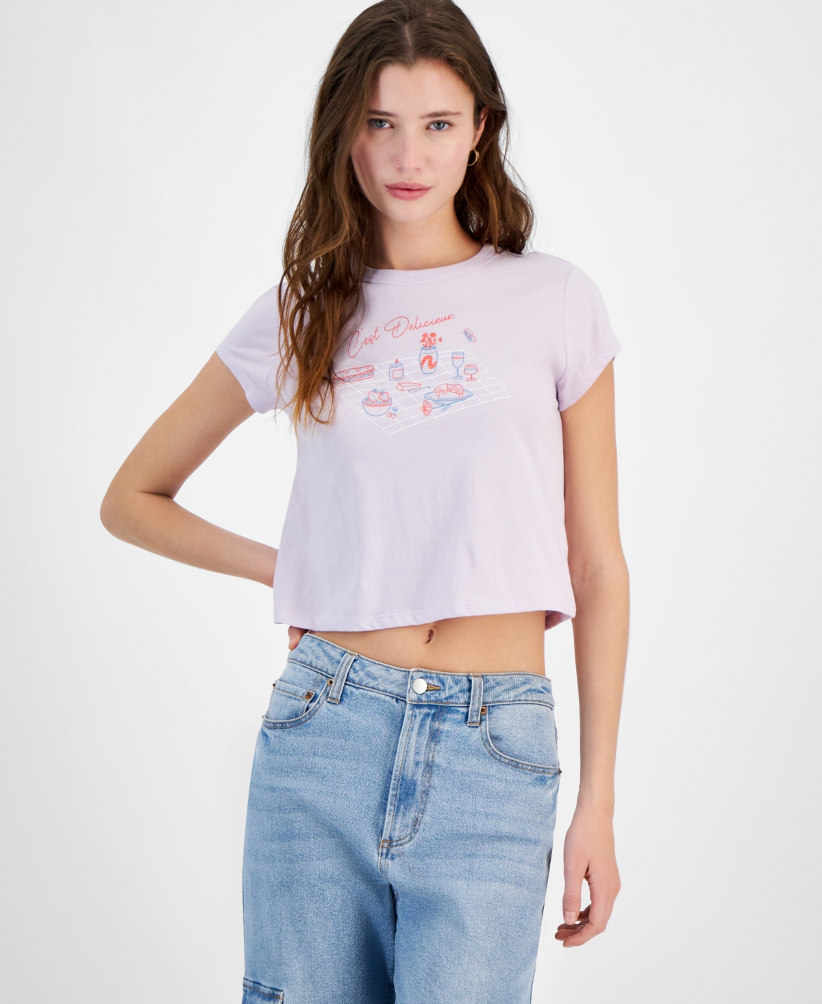 Shop Pretty Rebellious Juniors' French Picnic Graphic T-shirt In Lavender Haze