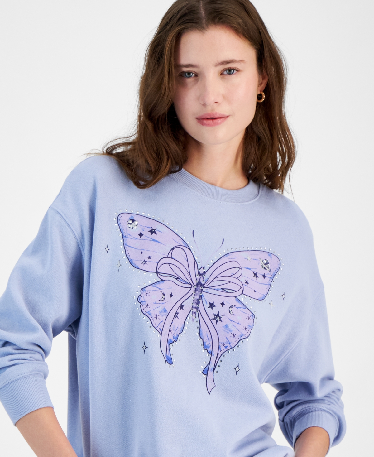Pretty Rebellious Juniors' Butterfly Bow Graphic Embellished Sweatshirt In Frozen Peri