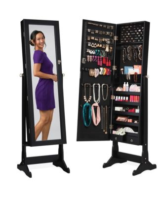 Jewelry Armoire Cabinet, Full Length Mirror w/ Velvet Storage Interior, Lock