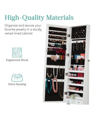 Jewelry Armoire Cabinet, Full Length Mirror w/ Velvet Storage Interior, Lock