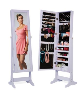 Jewelry Armoire Cabinet, Full Length Mirror w/ Velvet Storage Interior, Lock
