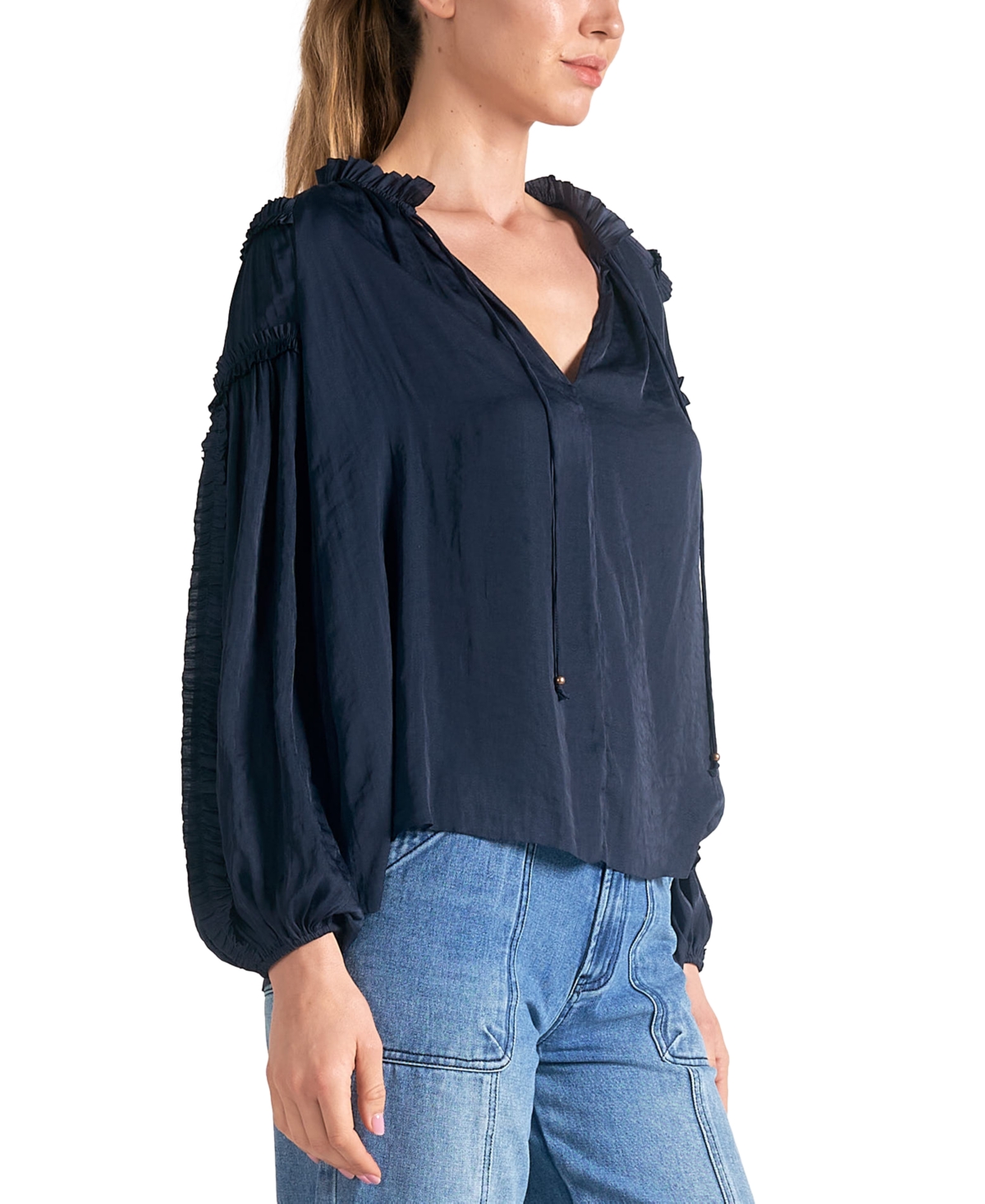 Shop Elan Women's Tie-neck Ruffled-trim Long-sleeve Top In Navy
