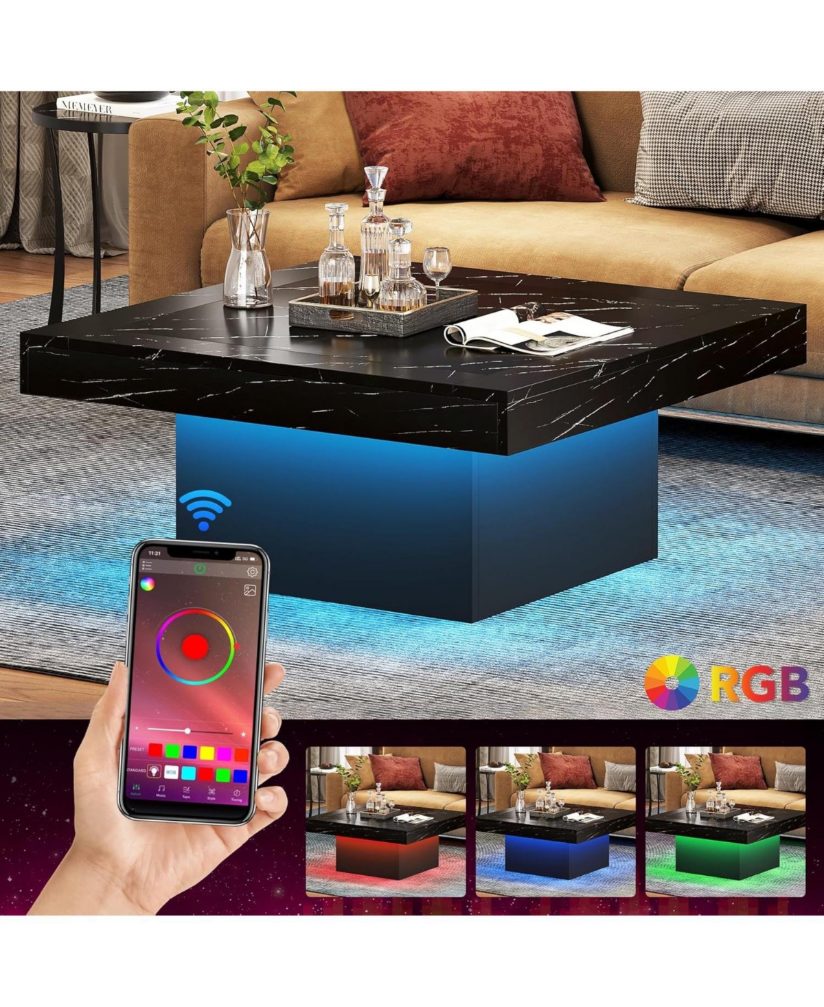 Tribesigns Led Coffee Table, Square Coffee Table Wood Low Coffee Table for Living Room - Faux marble black+black