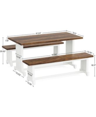 47" Dining Table Set for 4-6, 3-Piece Kitchen Room Table with 2 Benches, Farmhouse Wood Dinner Table for Small Space, Home Kitchen