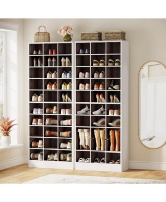 10-Tier Shoe Storage Cabinet, White and Brown Wooden Shoe Rack with 30 Cubbies, Freestanding Tall Entryway Shoe Organizer