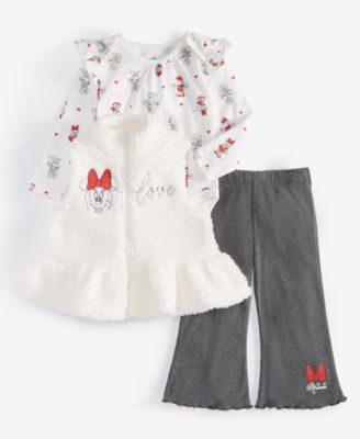 Disney - Baby Girls Minnie Mouse Faux-Fur Vest, Printed Bodysuit & Flared Pants, 3 Piece Set