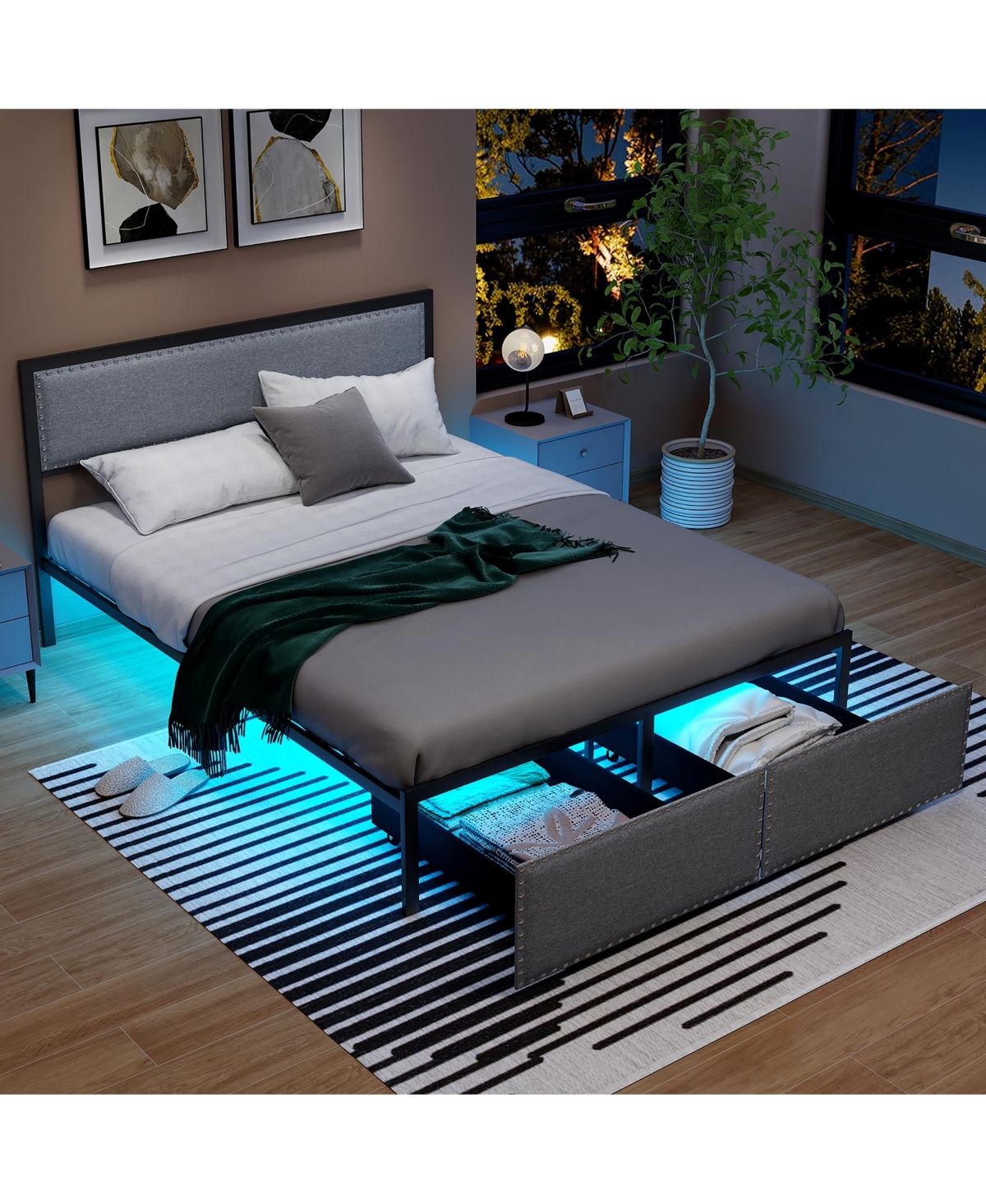 Gymax Queen Frame w/ 2 Storage Drawers Led Lights Slats Support Modern - Grey+black