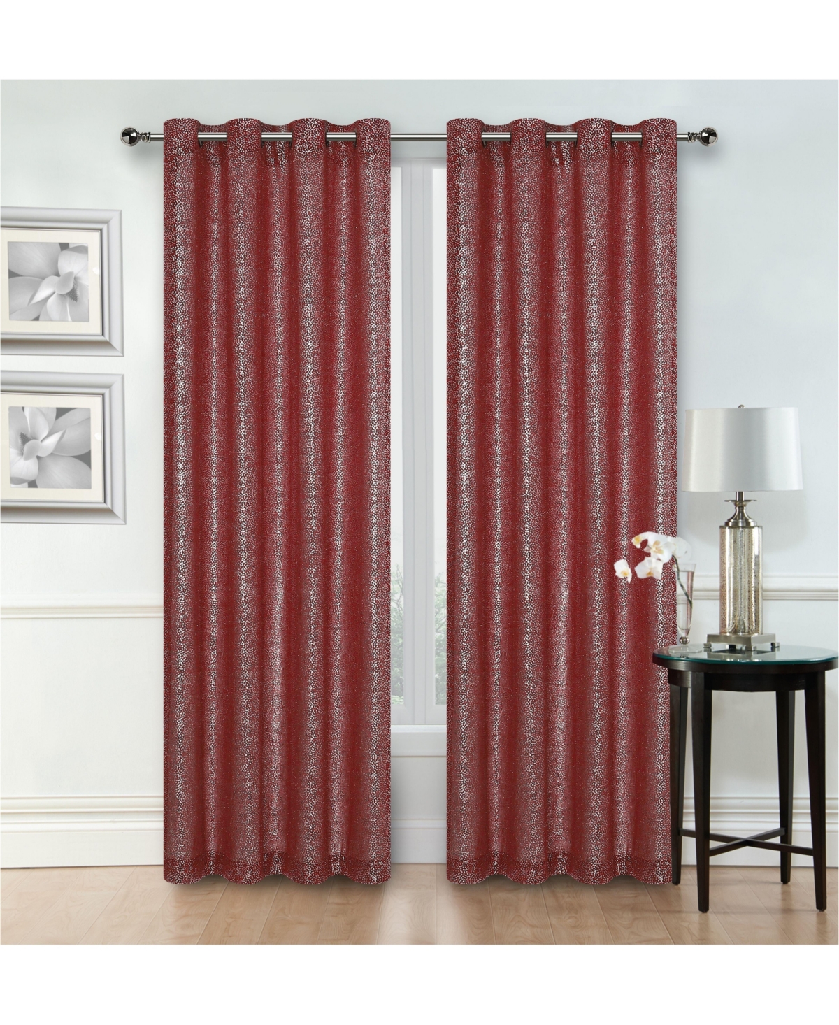 Glam Chic Living 2 Pack Metallic Foil Sparkle Slub Sheer Grommet Top Curtain Panels - Rose - Red