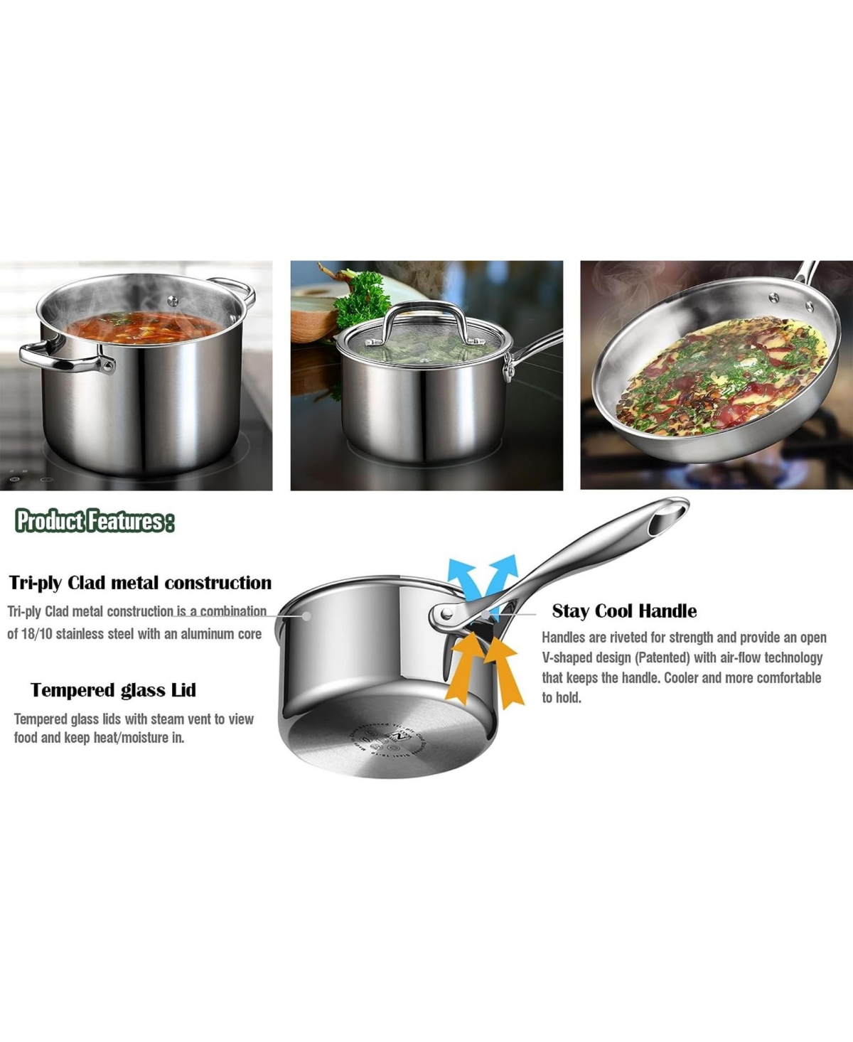 Cook N Home Tri-Ply Full Clad Stainless Steel Saucepan with Glass Lid,- Silver