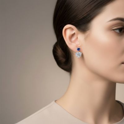 Sterling Silver 14K Gold Plated with Green, Red, or Blue Cubic Zirconia Two-Stone Heart Stud Earrings