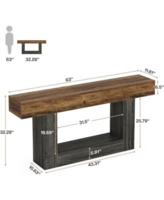 63-Inch Farmhouse Wood Console Table with U-Shaped Base, 2-Tier Narrow Sofa Table for Entryway & Living Room