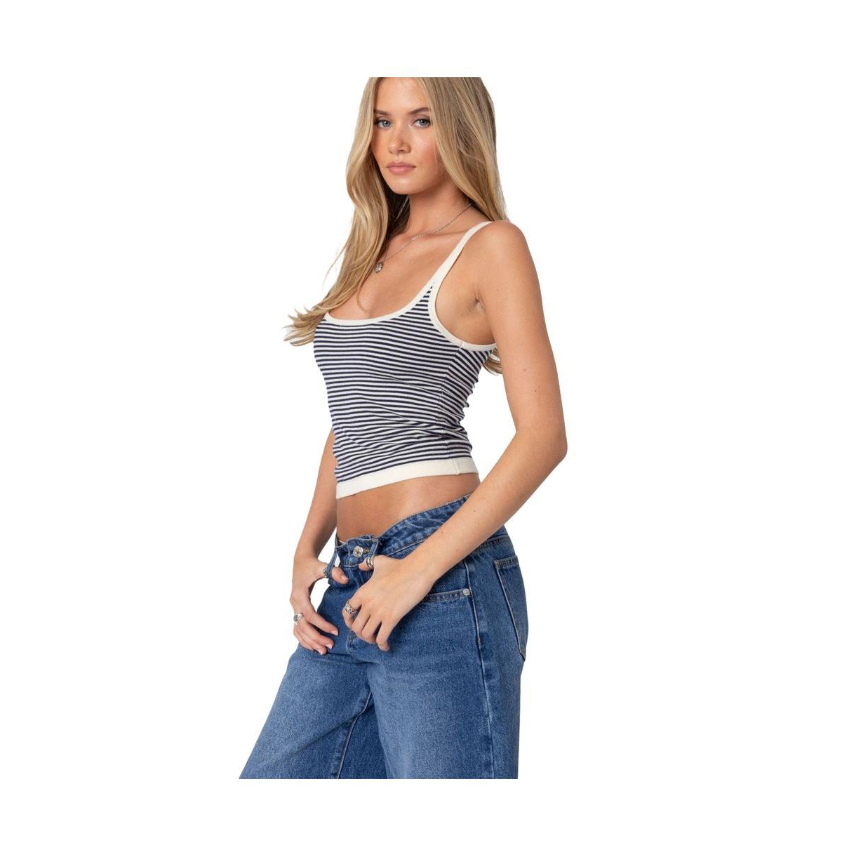 Edikted Women's Saylor striped knit tank top - Cream-and-navy