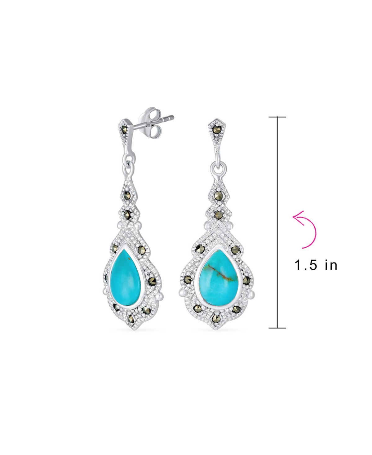 Bling Jewelry Western Style Marcasite Accent Teardrop StabilizedTurquoise Dangle Chandelier Earrings For Women .925 Sterling Silver - Blue