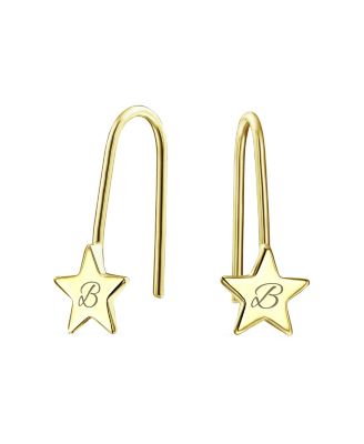 Minimalist Tiny Celestial USA Patriotic Rock Star Threader Earrings 14K Yellow Gold