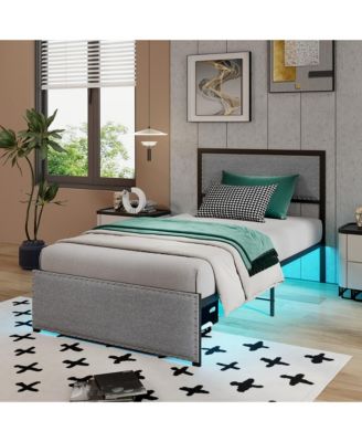 Twin Size Bed Frame w/ Storage Drawer Metal Platform Bed w/ LED Lights