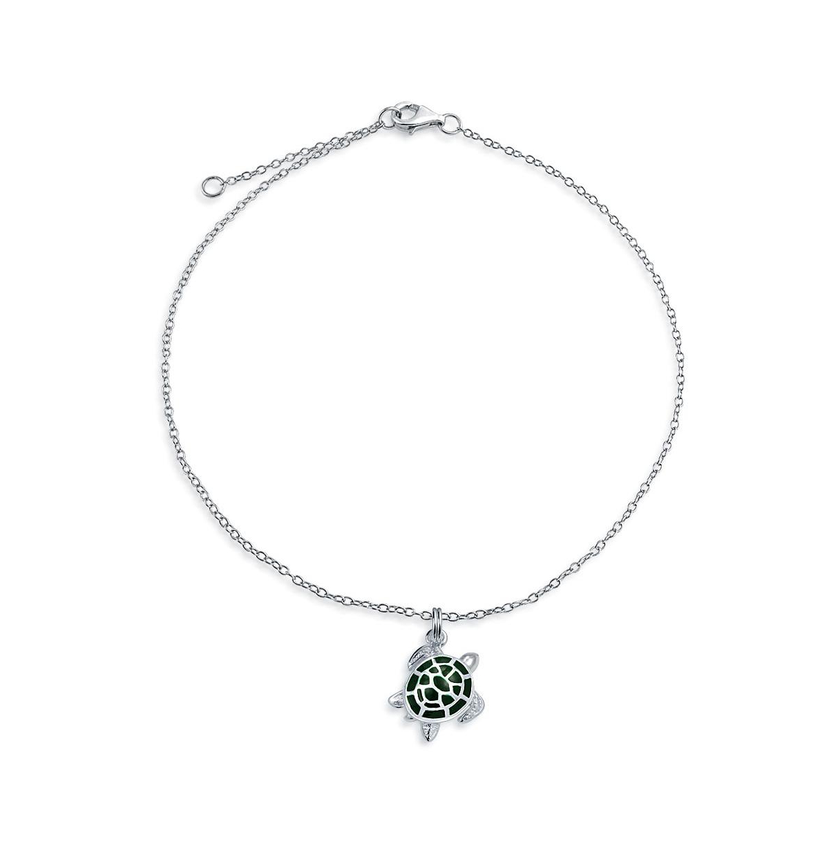 Hawaii Tropical Beach Vacation Nautical Dangle Charm Sea Green Enamel Turtle Anklet Link Ankle Bracelet .925 Sterling Silver 9 To 10 Inc