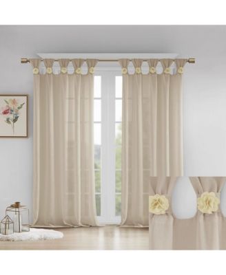 Rosette Floral Embellished Cuff Tab Top Solid Curtain Panel, 50"W x 95"L